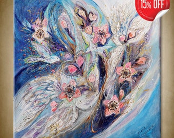 Contemporary Jewish fine art acrylic painting of a Blossoming pink almond flowers portrayed on a large colorful canvas.