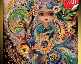 Original fantasy fairy art print of Zodiac Fairy series Capricorn Gold flowers big eyes girl Wall art for children room decor from Israel