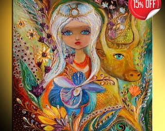 Original fantasy fairy art print of Zodiac Fairy series Taurus big blue eyes girl Wall art children room decor from Israel XXL wall hanging