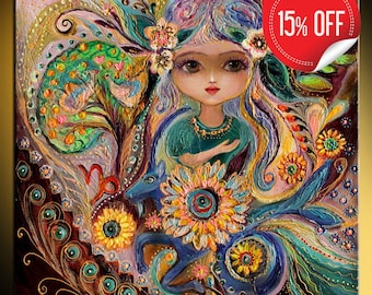 Original fantasy fairy art print of Zodiac Fairy series Capricorn Gold flowers big eyes girl Wall art for children room decor from Israel