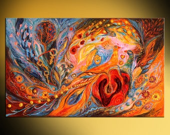 Colorful hand painted mix media Jewish art painting with Hebrew words. Shows two peacocks on warm background of orange trees and red flowers