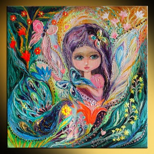 My little fairy Iris signed fantasy original art canvas print shows big blue eyed girl original Green red yellow rose flowers butterflies