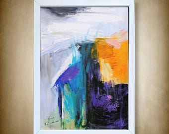 Blue Yellow Abstract Art, Vibrant Textured Painting, Dynamic Wall Decor. Framed with thin white frame and ready-to-hang