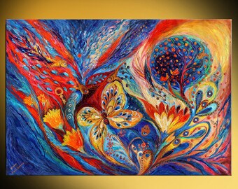 Abstract Chagall Style Jewish Art huge colorful figurative painting on canvas with bold warm colors on blue background with thick strokes