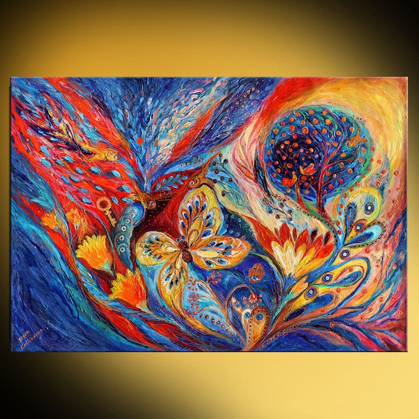 Abstract Chagall Style Jewish Art huge colorful figurative painting on canvas with bold warm colors on blue background with thick strokes