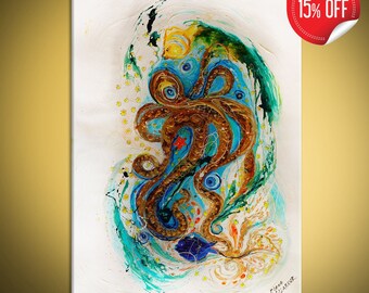 Original colorful wall art sea life figurative canvas painting. Gold Octopus on White background exotic fish Living room decor