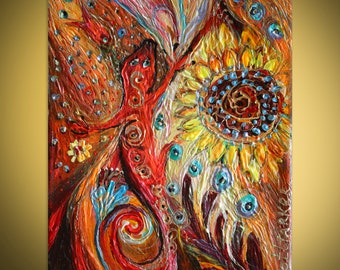 Original Colorful Figurative painting on canvas shows red salamander over the gold sunflower. Small ready to hang wall art