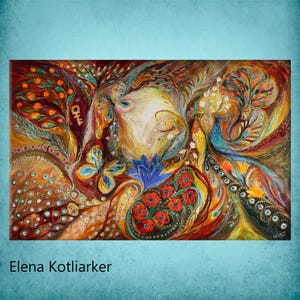 Contemporary Jewish Art ready-to-hang Fine Art Print. Copper background with peacocks flowers butterflies and Hebrew words