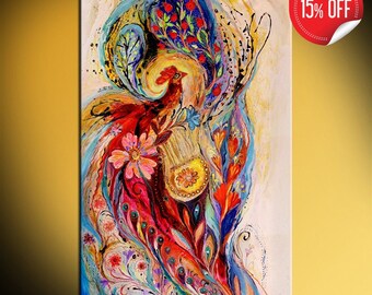 Large Figurative Oriental Spiritual Painting of Rooster & Harp. Colorful canvas with orange rose blue red yellow flowers on white background