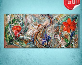 Canvas print of modern abstract figurative art, featuring a flowers mixt with trumpeting angel in the middle. Ready to hang