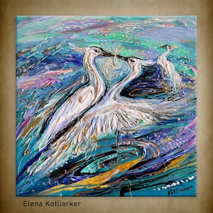 Large colorful mixed media art painting of dancing heron birds on blue background. Nature life wall canvas art hanging from Israeli artist