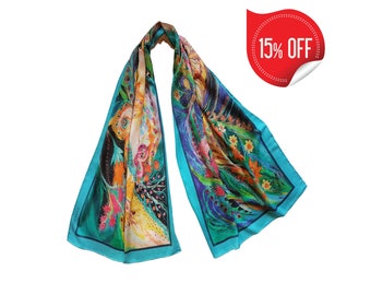 Designer Made Hand Painted Long Luxury Wool Silk Women Scarf with colorful butterflies and exotic flowers on emerald background