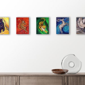 Composition of five colorful ready to hang small original paintings shows totem animals. Spiritual wild life figurative art from Israel