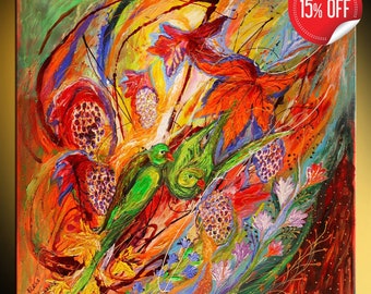 Colorful Spiritual Figurative Painting of Nature. Bright vine leaves green parrots. Ripe grapes and flowers of orange of red colors.