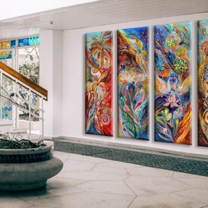 Lienzo decorativo de arte judío moderno original para pared. Diseño de interiores con paneles múltiples de gran tamaño: Cuatro elementos.