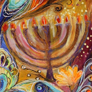 Jewish art original spiritual colorful painting with Kabbalah symbols, Menorah, Hebrew words and traditional Jewish attributes Art of Israel image 3