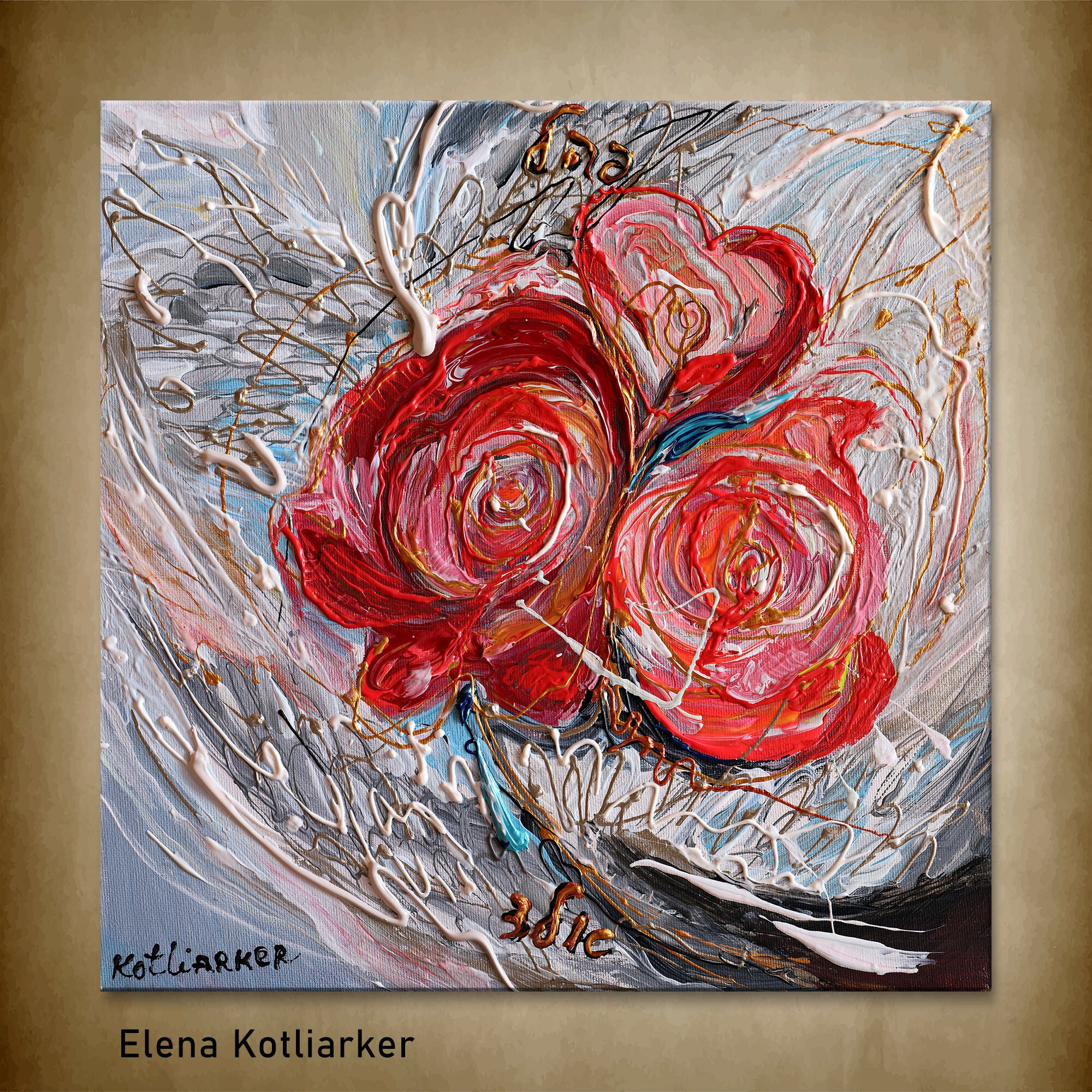 Colorful Original gallery wrapped deep texture canvas painting shows three red roses on light background. Impressionist style