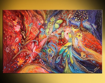 Mixed Media Jewish art colorful vibrant hues acrylic painting with Swarovski crystals fairytale birds trees flowers butterflies Hebrew words