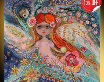 Original fantasy fairy art colorful acrylic painting shows orange hair big eyes girl. Best for nursery room decor. Art from Israel