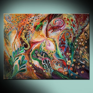 The magic circle: highest quality canvas print based on Jewish art painting with Kabbalah symbols from Israeli artist best gift from Israel