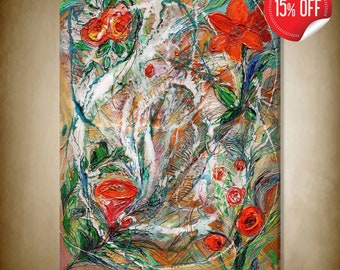 Large colorful mixed media art painting of red and orange flowers with emerald green leaves . Nature life canvas art from Israeli artist