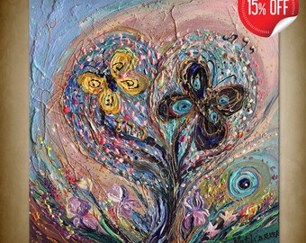 Huge colorful mixed media abstract art painting on canvas with heart shaped blossoming tree and butterflies wall hanging for home and office