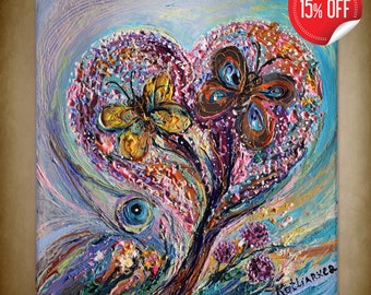 Huge colorful mixed media abstract art painting on canvas with heart shaped blossoming tree and butterflies wall hanging for home and office