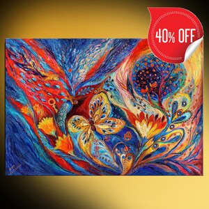 Abstract Chagall Style Jewish Art huge colorful figurative painting on canvas with bold warm colors on blue background with thick strokes