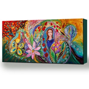 May include: A colorful painting featuring a woman in a blue dress surrounded by flowers, birds, and intricate patterns. The artwork is painted in a vibrant style with a mix of bright colors and delicate details.