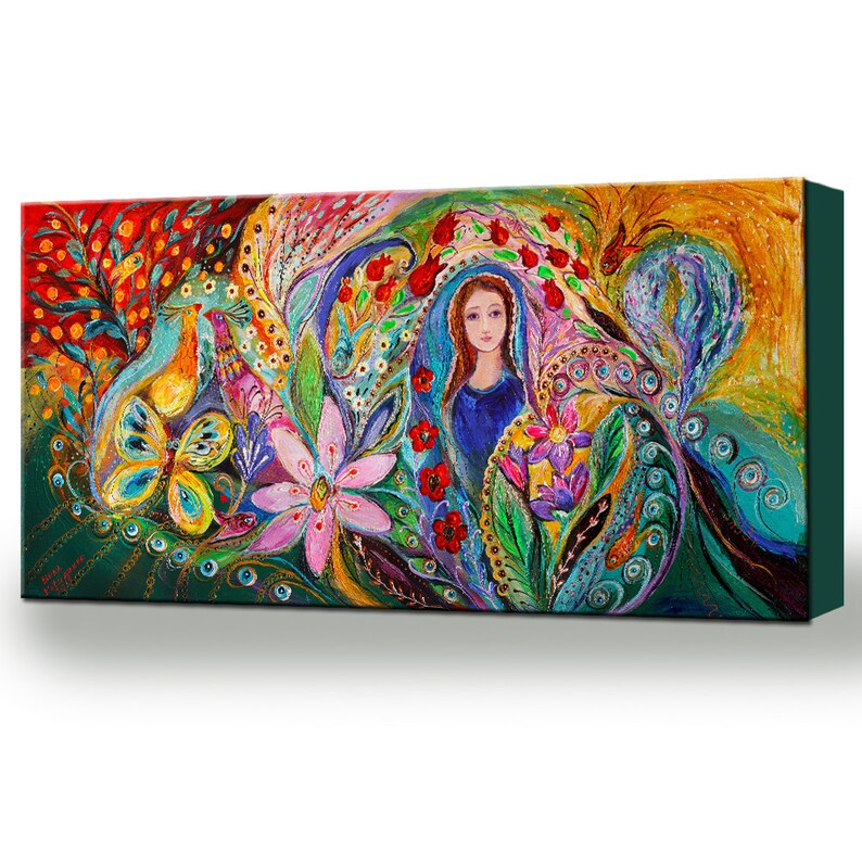 May include: A colorful painting featuring a woman in a blue dress surrounded by flowers, birds, and intricate patterns. The artwork is painted in a vibrant style with a mix of bright colors and delicate details.