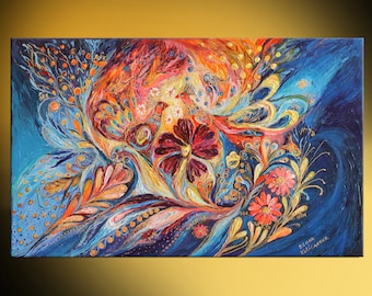Original colorful mixed technique Jewish art acrylic painting bright colors wall hanging figurative canvas with peacocks couple