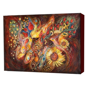 May include: Abstract painting with a dark background and vibrant colors. The painting features a variety of shapes and symbols, including flowers, birds, and stars. The artist's signature is visible in the lower right corner.