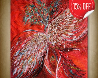 Abstract spiritual figurative painting on red canvas. Bold thick gold & white strokes. Large Jewish wall art shows the Wings of the Angel