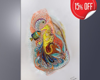 宇宙エネルギー絵画、瞑想ヨガアート、すぐに掛けられる（10x12