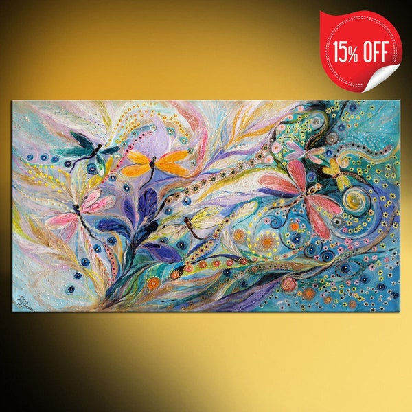 Original Acrylic Canvas Painting shows exotic flowers and yellow pink orange dragonflies on light blue background. Spiritual art wall decor