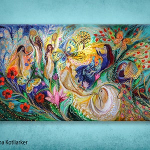 Bible story psalm David Jewish original wall art giclee canvas print birds pomegranates tambourine and dance harp trumpet Hebrew words Hamsa