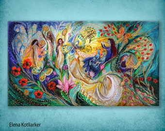 Bible story psalm David Jewish original wall art giclee canvas print birds pomegranates tambourine and dance harp trumpet Hebrew words Hamsa