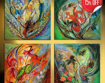 Original multi panel colorful paintings composition shows the four seasons of vine with flowers birds foxes and butterflies