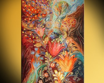 Mixed Media Jewish art colorful vibrant hues acrylic painting of fairytale birds flowers fruits and butterflies with Hebrew words embedded