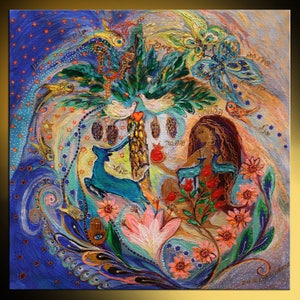 Jewish heritage Original art interior design giclee canvas print &quot;The Song of Songs. Day&quot; blue green orange wall decor from Israeli artist