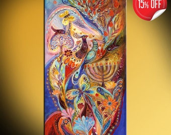 Jewish art original spiritual colorful painting with Kabbalah symbols, Menorah, Hebrew words and traditional Jewish attributes Art of Israel