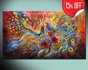 Jewish abstract figurative fine art print "The Song of Oasis" on stretched canvas based on original painting authentic Judaica gift