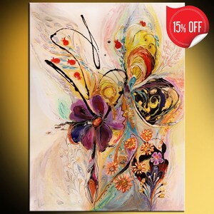 Abstract Oriental print on canvas Splash Of Life violet red black yellow colors white background Large giclee Flowers gold key