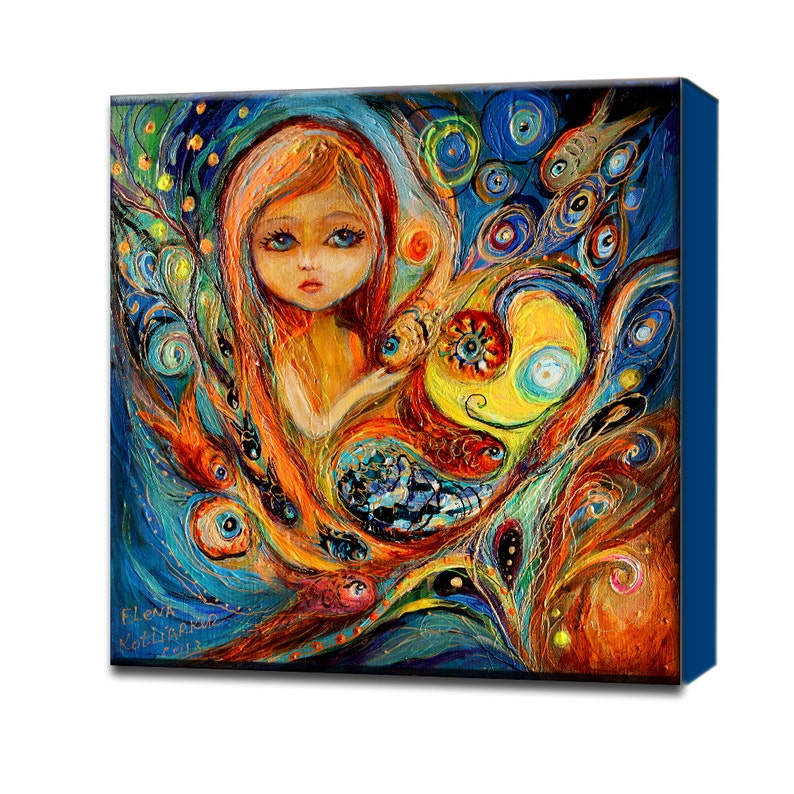 May include: A colorful painting of a young girl with long red hair surrounded by swirling blue, orange, and yellow patterns. The girl has large blue eyes and a soft expression. The painting is signed "Elena Koliak