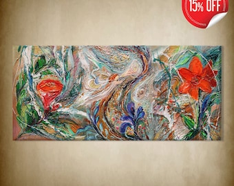 Large colorful mixed media art painting of red and orange flowers with emerald green leaves . Nature life canvas art from Israeli artist