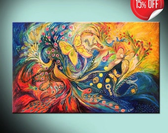 Impression giclée sur toile « Two Elements » avec rouge, bleu et or, représentant des oiseaux et des fleurs, parfaite pour l'aménagement intérieur et la décoration intérieure