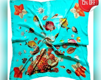 Genuine Mulberry Silk Luxury Ultramarine Women Shawl shows Exotic Tropical Fishes Sea Stars and Corals Designer Made by Elena Kotliarker