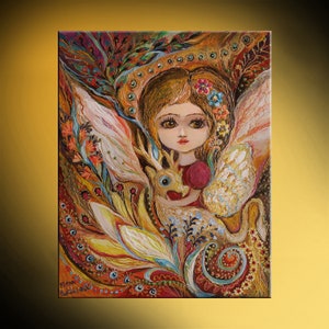 Colorful original fantasy fairy art painting. Fairy with moon dragon big eyes girl with gold hair Wall art for girls room decor from Israel