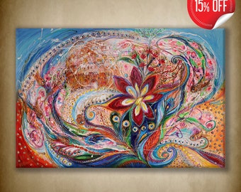 Original Colorful Spiritual Jewish art Surrealistic Painting shows the movement of energy around the small mystical village