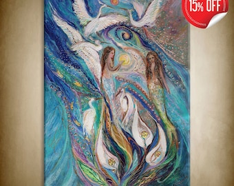 Original Spiritual Painting shows mermaids and herons on light blue background thin strokes of yellow, white, gold, and orange paints